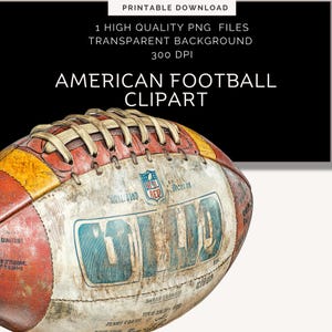 May include: A worn, brown and white American football with the word "WILD" printed on it. The football has a yellow stripe and a red and white NFL logo.