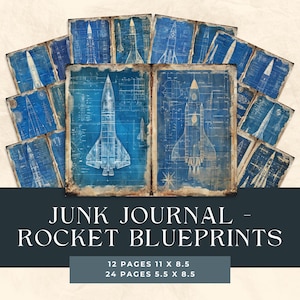 Vintage ruimtetijdperk raketblauwdrukken, digitale ongewenste dagboekpagina's, 24 afdrukbare ontwerpen, ephemera wetenschappelijke ruimte, afdrukbaar collageblad
