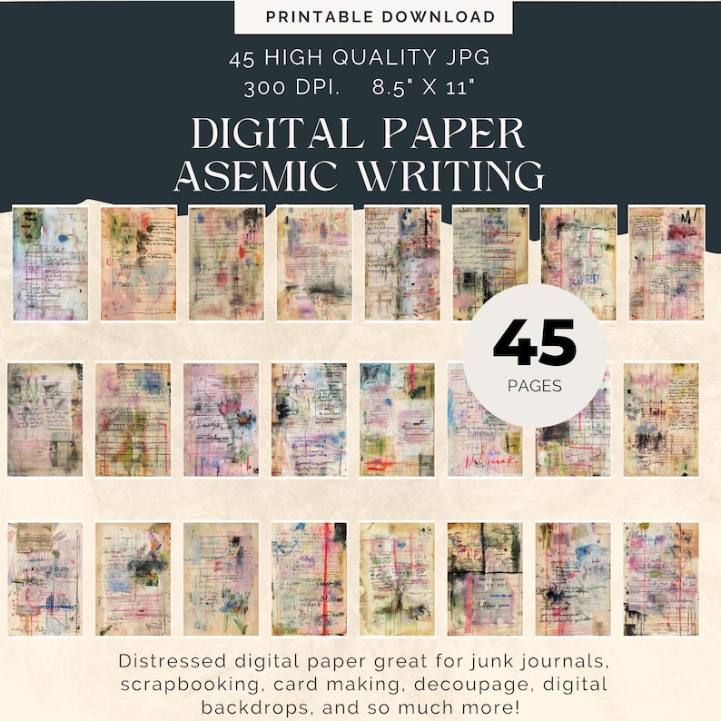 Asemic Writing Sketches, Background Papers, Printable Collage Supply ...
