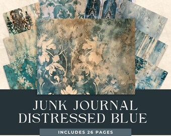 May include: A set of 26 digital papers featuring distressed blue and beige patterns. The papers are 5.5 x 8.5 inches and 300 DPI. Junk Journal Distressed Blue.