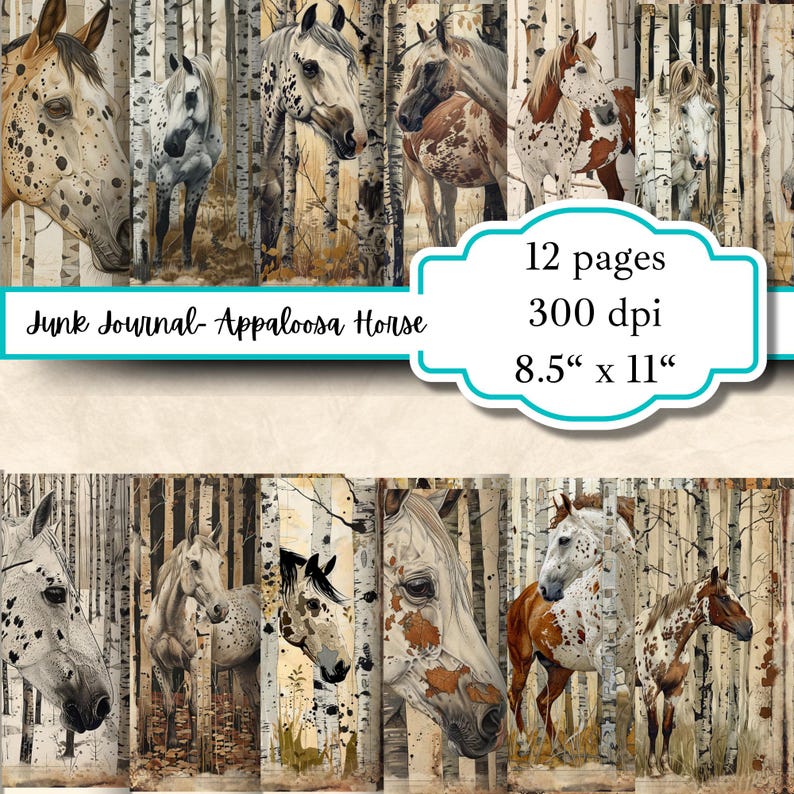 Horse Junk Journal Pages, appaloose horse journal, Animal Printable Scrapbooking Pages, Vintage Junk Journal, Farm Ephemera, commercial use