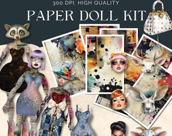 Surreal and whimsical paper doll kit, set of grunge figure clipart, aged vintage papers, perfect for mixed media collage project, paper doll