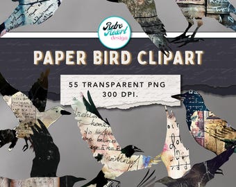 Papieren vogel clipart PNG-set, kleurrijke inkttekening, mixed media collage, journaling, uitgeknipte tekst
