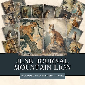 Diario di montagna con leone, Shabby Chic, Pagine di diario di scarto, Carta da ritagli, Carta vintage, Puma, Cougar, Effimere della fauna selvatica, Carta per album