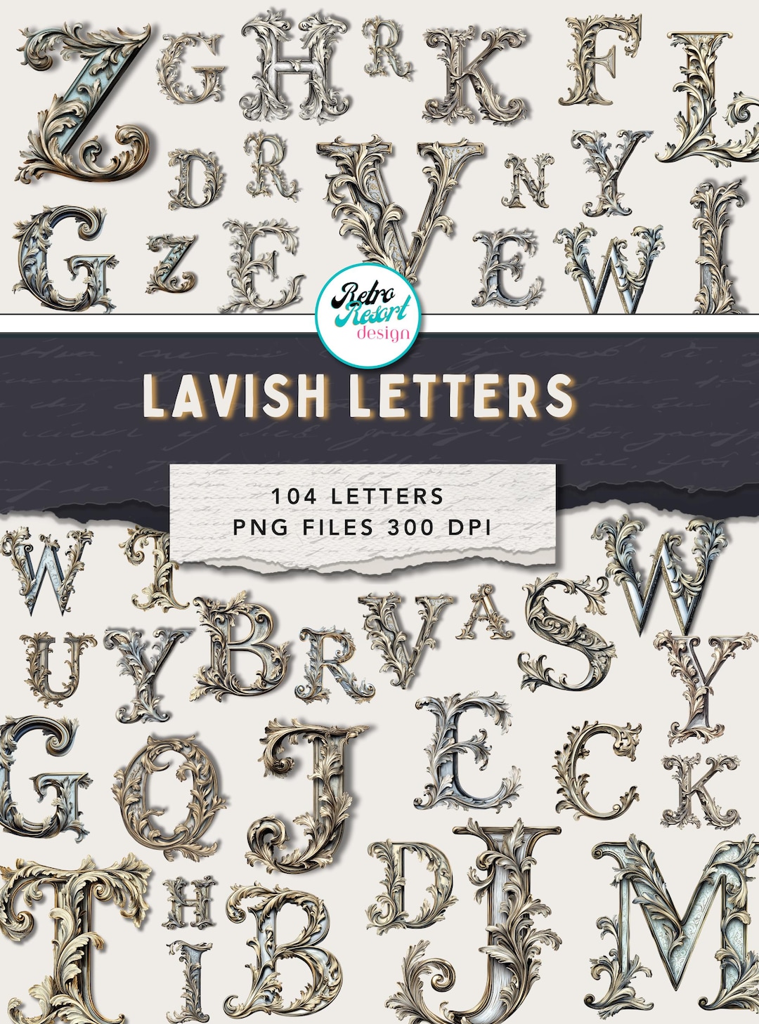 Italian Rococo Fonts Baroque Letter Clipart: Vintage Monogram Font, Rococo Alphabet (PNG ...