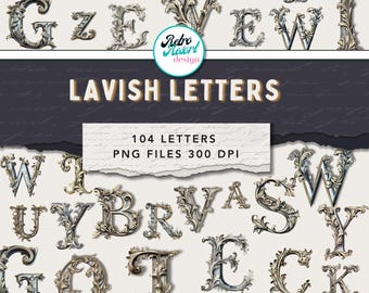 Baroque Letter Clipart: Vintage Monogram Font, Rococo Alphabet (PNG, PDF Download