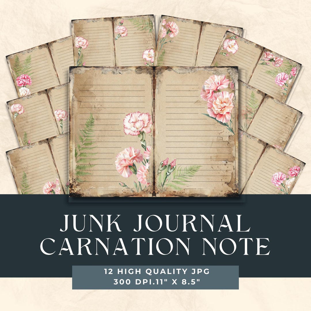 ピンクのカーネーションの罫線入りジャンクジャーナル ダブルページ