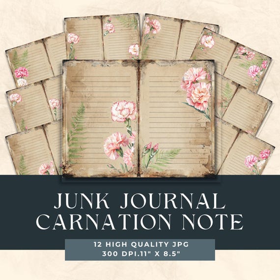 ピンクのカーネーションの罫線入りジャンクジャーナル ダブルページ