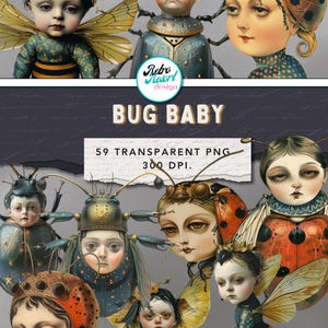 May include: A digital art image featuring several whimsical bug-themed baby illustrations. The babies have insect-like features, including antennae, wings, and exoskeletons. The text "BUG BABY" is displayed prominently, along with details about the image format.