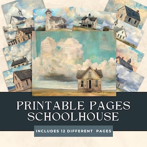 May include: Printable pages featuring a vintage schoolhouse in various settings. The pages include a variety of backgrounds, including clouds, fields, and a blue sky. The schoolhouse is a simple, one-story building with a white exterior and a red roof. The pages are perfect for scrapbooking, card making, or other creative projects.