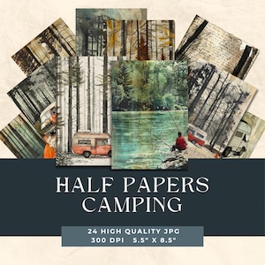 Demi-papier de camping, journal indésirable à imprimer, kit vintage de camping, de randonnée et de pêche, feuille de créations artisanales en papier shabby chic, scrapbooking éphémères,