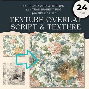 May include: Digital texture overlay set featuring floral and script designs. The main image showcases a large floral pattern with peach, yellow, and blue flowers on a cream background. Includes 12 black and white JPGs and 12 transparent PNGs, each 12" x 12".