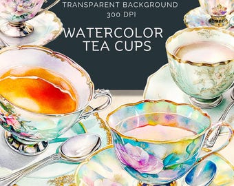 Watercolor Tea Cups Clipart, Vintage Watercolor, Digital Download for Scrapbooking, Tea Party Art, PNG Images, Rose Teacup, Tea Time,