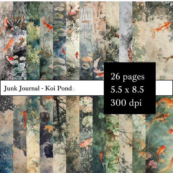 Koi Pond Junk Journal Pages | Digital Scrapbook | Japanese Ephemera | Printable Collage Sheet |Asian Background | Oriental Prints | download