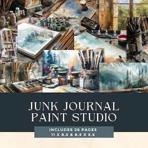 Páginas de diário de lixo de estúdio de pintura, álbum de recortes de artista, kit de papel de pintura, imprimível para hobby, itens vintage, folha de colagem de artes e ofícios