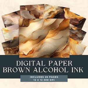 May include: A set of 26 digital papers featuring abstract brown and gold alcohol ink designs. Each paper is 12x12 inches at 300 DPI.