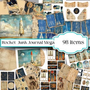 Kit de carnet de voyage Rocket Junk, astronautes, fusées, éphémères spatiaux vintage, paquet de papier imprimable sur le thème de l'espace, 95 éléments numériques célestes