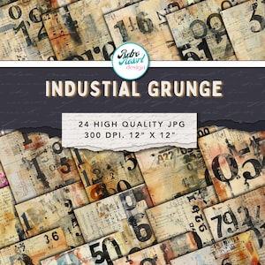 Puede incluir: Un collage de papeles de estilo vintage con números y texto, con una estética grunge y desgastada. La imagen incluye el texto "INDUSTRIAL GRUNGE" y detalles sobre el tamaño y la resolución.