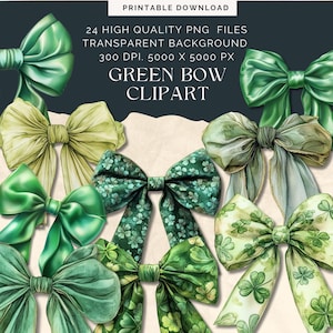 Green Coquette Bow, Watercolor PNG, Green Christmas bow, clipart set, green ribbon, Vintage girly bow, st Patricks bow, coquette aesthetic