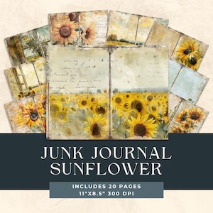 Sunflower Junk Journal Printable Pages, Vintage Botanical Junk Journal Kit, Printable Junk Journal Paper, Digital Collage Sheet, Printable