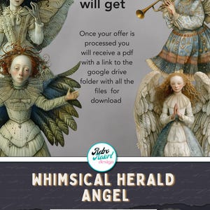 Close-up trio of angel faces, wing and gown details with contents list, retro storybook printable Christmas angel paper dolls