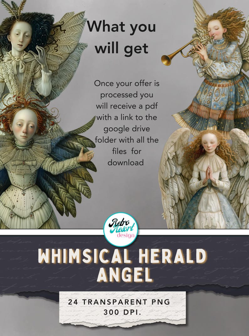 Close-up trio of angel faces, wing and gown details with contents list, retro storybook printable Christmas angel paper dolls