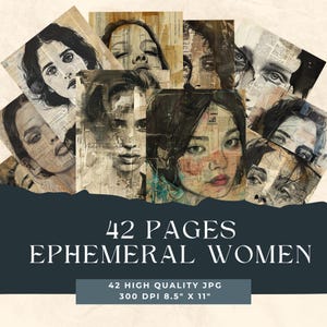Mulheres efêmeras: Colagem de rostos em mídia mista, efêmeras de diário digital, fotos antigas para impressão, folhas de colagem para kit de scrapbook, colagem de tinta