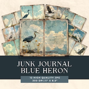 Blauwe reiger Junk Journal, Shabby Chic, Junk Journal Pages, scrappy papier, vintage papier, blauwe reiger Ephemera, plakboekpapier | serene scènes