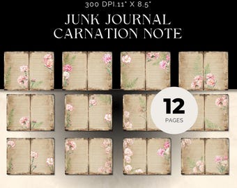ピンクのカーネーションの罫線入りジャンクジャーナル ダブルページ