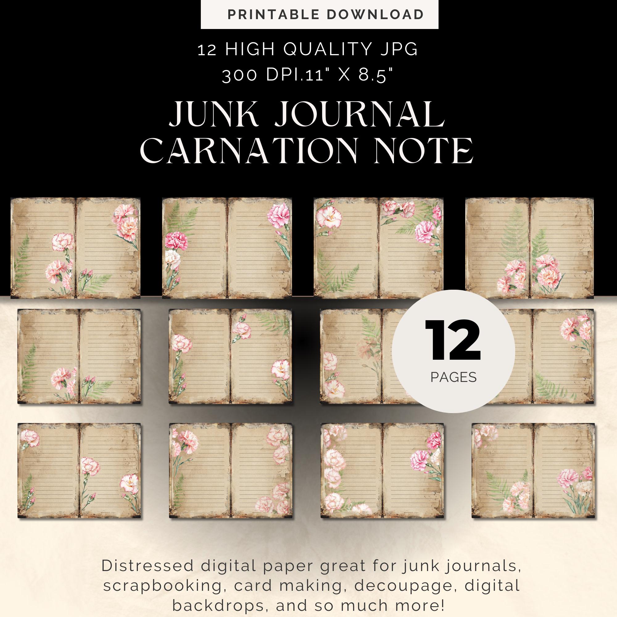 ピンクのカーネーションの罫線入りジャンクジャーナル ダブルページ