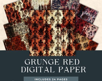 Könnte beinhalten: Eine Sammlung digitaler Papiere im Grunge-Stil mit rotem und schwarzem Farbschema. Die Papiere weisen verschiedene Muster auf, darunter florale und abstrakte Designs, mit einer verwitterten, Vintage-Ästhetik. Der Text auf dem Bild lautet "GRUNGE RED DIGITAL PAPER".