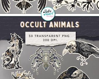 Set met clipart van occulte dieren, zwart transparant PNG, digitale download.