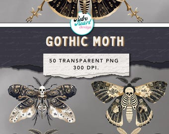Gotische mot, 50 transparante png-afbeeldingen, 37 pagina's tellend pdf-bestand met 3 formaten, digitale download, commercieel gebruik.