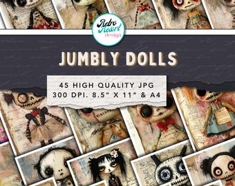 Gothic Rag Doll Junk Journal Kit, printbare pagina's, digitale efemera, vintage grunge