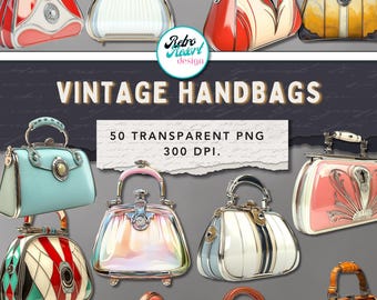 Vintage handbag clipart: 50 png's, transparent backgrounds, pdf with 3 sizes