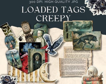Creepy Halloween Junk Journal Printable Kit, Loaded Pocket Tags, Vampire Ephemera