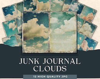 Alter Himmel Junk Journal Seiten, Himmel mit Wolken Hintergrund, Vintage Scrapbook Papier, digitaler Download Collage Sheet, gealtert Wolkenlandschaft