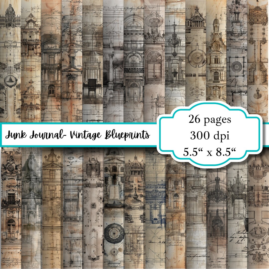 Vintage Blueprint Junk Journal Pages Digital Scrapbook Paper Kit ...