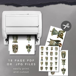 Printer producing sheets and small cutouts with scissors, step-by-step print at home setup for printable Christmas angel paper dolls