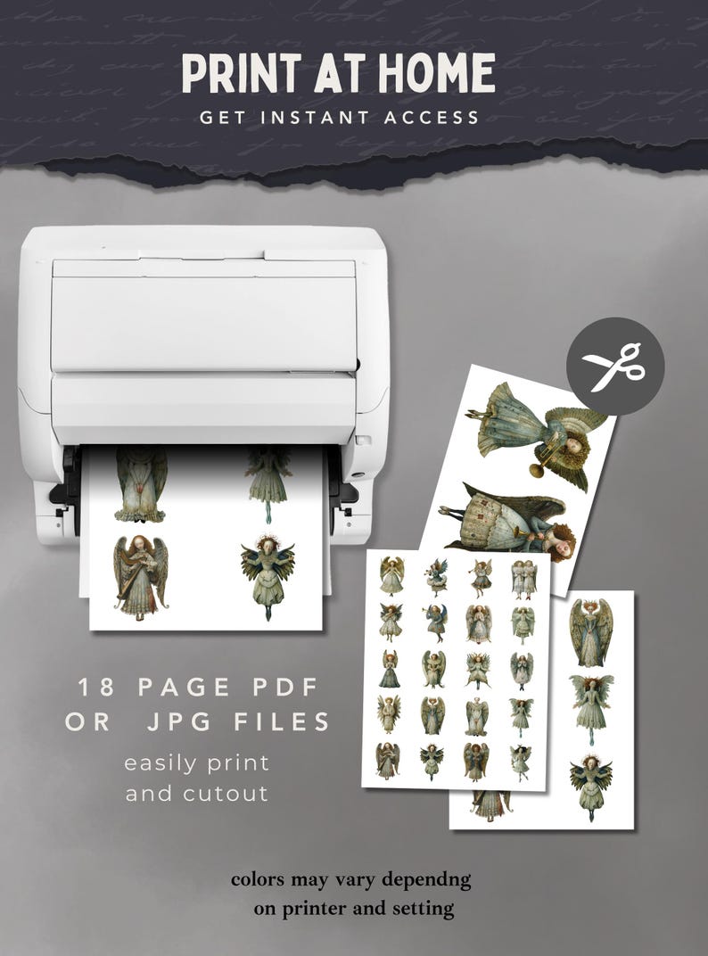 Printer producing sheets and small cutouts with scissors, step-by-step print at home setup for printable Christmas angel paper dolls