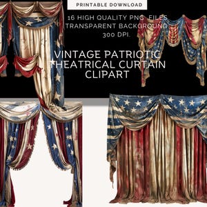 Patriotic Curtains Clipart |Vintage curtain backdrop | Theater curtain for collage Art | Clipart Overlay | mixed media backgrounds
