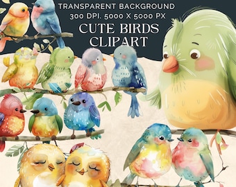 Watercolor Bird Clipart | Cute Cartoon Birds, Nursery Art (Digital Download)