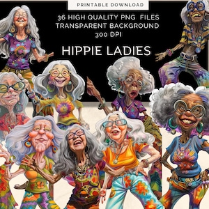 Pacchetto di clipart di donne hippie, 36 PNG retrò boho, arte digitale di donne anziane alla moda, sfondo trasparente, 300 DPI, elemento di diario spazzatura
