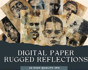 May include: A collection of digital paper prints featuring artistic portraits of men. The artwork is rendered in a vintage style with a rugged, textured appearance. The prints are 8.5" x 11" and are labeled "Digital Paper Rugged Reflections".