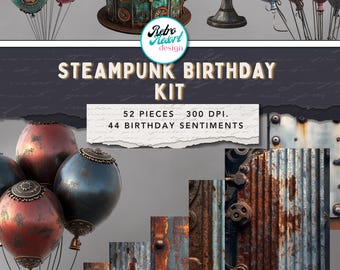 Steampunk verjaardagskaartenset, inclusief achtergronden, verjaardagstaarten, ballonnen, teksten, commercieel gebruik, direct te downloaden.