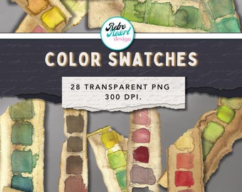 28 Handpainted Watercolor Swatches: Clipart, Printable Ephemera (PNG, JPG & PDF)