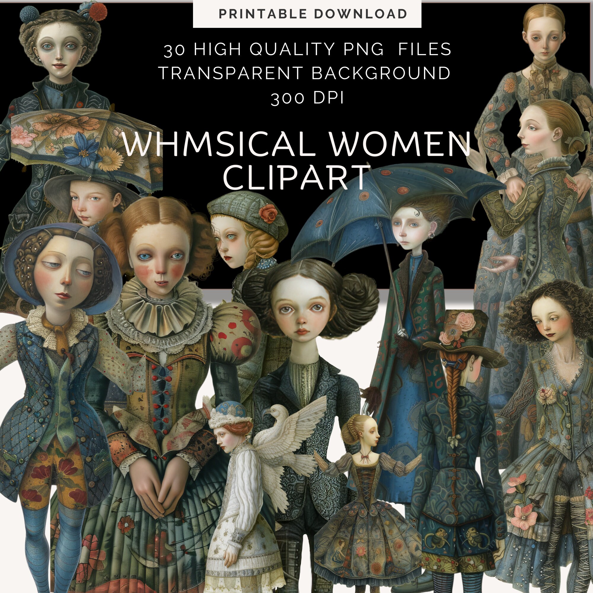 Whimsical women Paper Doll | Fussy Cut | Collage Paper | quirky People| Folio and Vintage Ephemera | Journal Supplies |vintage| scrapbooking