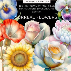125 images de fleurs surréalistes, méga bundle png images transparentes, coupe délicate botanique, découpes de fleurs décoratives, collage artisanal en papier, 3 tailles
