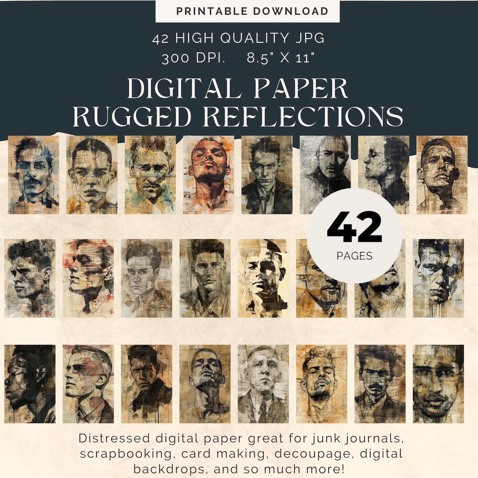 Rugged Reflections: Mixed Media Collage Mens Faces, Grunge Junk Journal ...