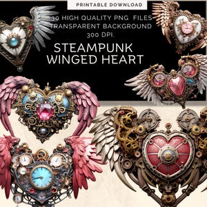 Steampunk hart clipart png | Digitale download gevleugeld hart | Victoriaanse gotische harten | Mechanische klokvleugels| Valentijn plakboekcollage